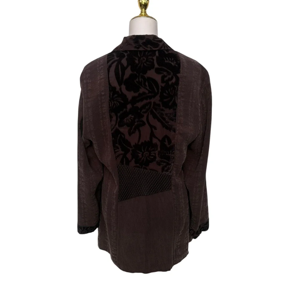 VTG 90s Neil David Patchwork Shirt M Brown Velvet Burnout Silk Blend Artsy Tunic - Picture 5 of 11